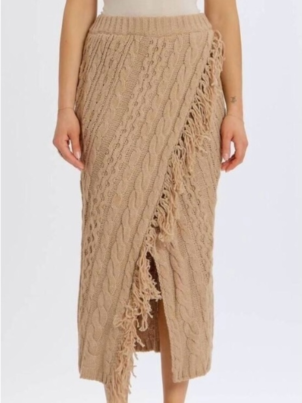 Something Navy Cable Knit Fringe Wrap Midi Skirt - Beige NWT 🌴